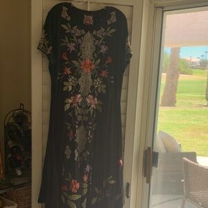 Johnny Was Black Maxi Dress with Floral Embroidery handkerchief hem line